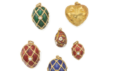 A GROUP OF GOLD, CULTURED PEARL AND ENAMEL PENDANTS