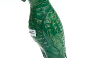 A LARGE CHINESE GREEN GLAZED POTTERY PARROT, 31 CM HIGH