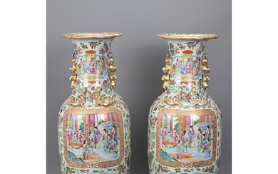 A LARGE PAIR OF CHINESE CANTON FAMILLE ROSE PORCELAIN VASES,...