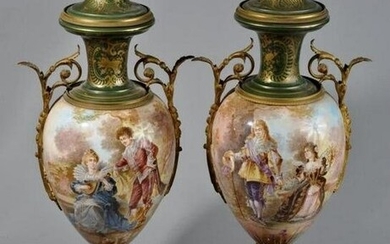 A LARGE PAIR OF ORMOLU MOUNTED SEVRES VASES