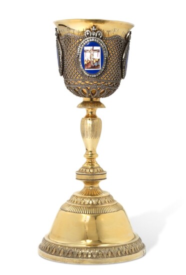 A LARGE SILVER-GILT AND ENAMEL CHALICE, MAKER'S MARK CYRILLIC 'P.B', MOSCOW, EARLY 19TH CENTURY