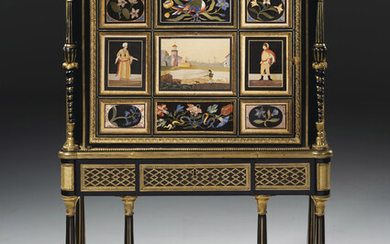 A LATE LOUIS XVI PIETRA DURA AND ORMOLU-MOUNTED EBONY SECRÉTAIRE EN CABINET, BY ADAM WEISWEILER AND ALMOST CERTAINLY SUPPLIED BY DOMINIQUE DAGUERRE, CIRCA 1785-1790, THE ORMOLU POSSIBLY BY FRANÇOIS REMOND, THE PIETRA DURA PLAQUES ATTRIBUTED TO THE...