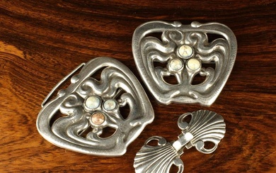 A Large Continental Silver Art Nouveau Style Belt Buckle; inset with three mineral cabochons to each