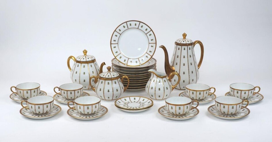 A Limoges Raynaud part coffee and tea service, late 20th century, comprising: a coffee pot and cover, 24cm high, a teapot and cover, a milk jug, a sugar bowl and cover, eight cups with ten saucers and twelve plates (a lot)