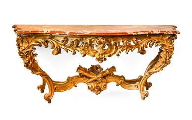 A Louis XIV Carved Giltwood Rouge Marble Top Console Table