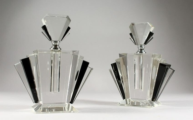 A PAIR OF ART DECO PLAIN AND BLACK SCENT BOTTLES AND