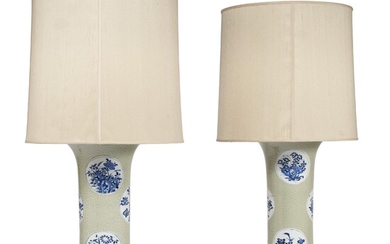 A PAIR OF CHINESE INCISED CELADON-GROUND AND BLUE AND WHITE DECORATED PORCELAIN FLARED BEAKER VASES, MOUNTED AS LAMPS