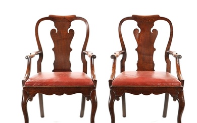 A PAIR OF GEORGE II STYLE ELM OPEN ARMCHAIRS with vase-shape...