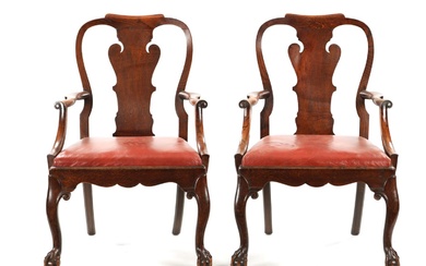 A PAIR OF GEORGE II STYLE ELM OPEN ARMCHAIRS...
