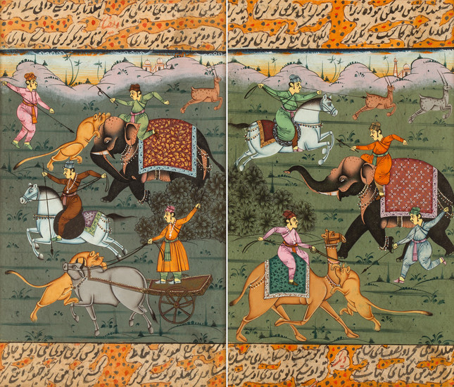 A PAIR OF MUGHAL INDIAN MINIATURES WITH HUNTING SCENES, 19TH CENTURY