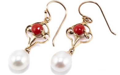 A PAIR OF NOUVEAU STYLE PEARL AND CORAL EARRINGS; 9ct gold open frames centring round cabochon corals suspending cultured freshwater...