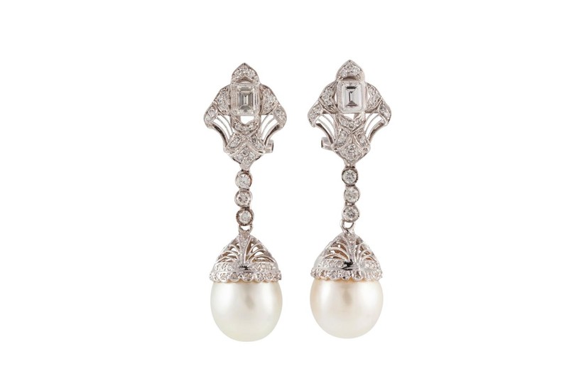A PAIR OF SOUTH SEA CULTURED PEARL AND DIAMOND DROP EARRINGS...