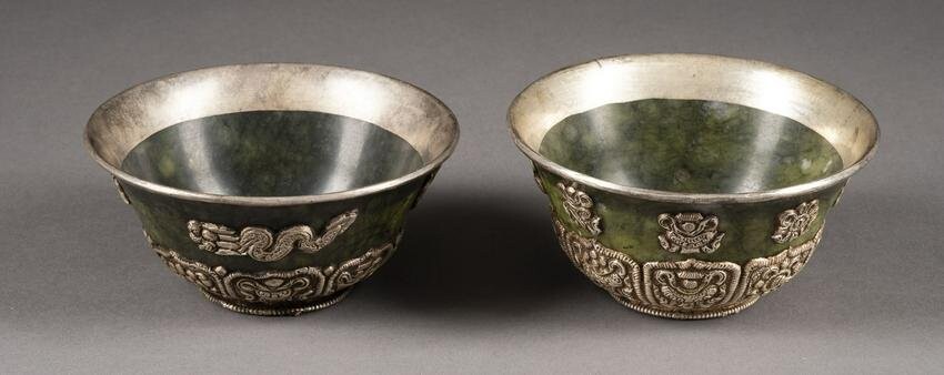 A PAIR OF STONE CARVED SILVER-COATED BOWLS