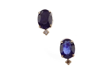 A PAIR OF TREATED SAPPHIRE AND DIAMOND EARRINGS
