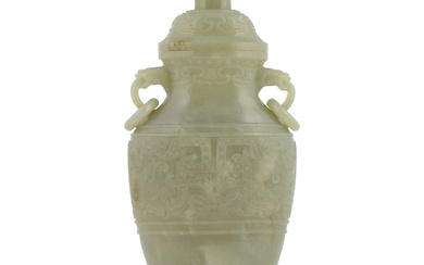 A PALE CELADON JADE ARCHAISTIC VASE AND COVER QING DYNASTY, 19TH CENTURY
