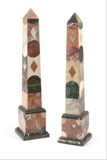 A Pair Of Grand Tour Style Specimen Marble Obelisks