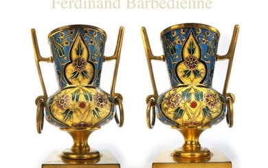 A Pair of 19th C. Gilt Bronze Champleve Vases, Barbedienne Signed