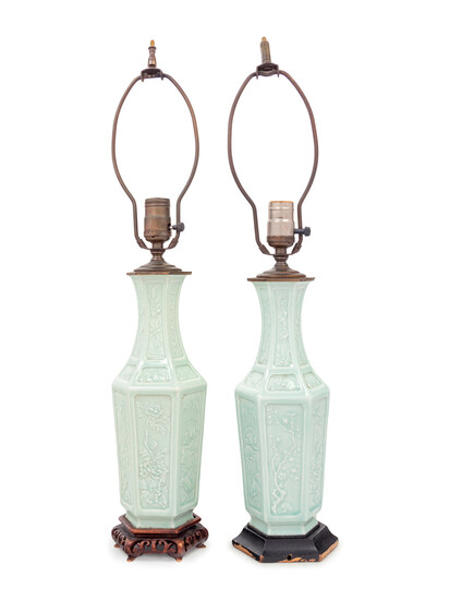 A Pair of Celadon Glazed Porcelain Vases Mounted as Lamps