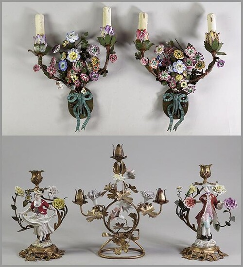 A Pair of French Gilt Metal and Porcelain Sconces.