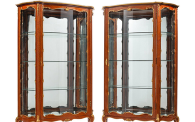 A Pair of Louis XV Style Gilt Metal Mounted Marble-Top Vitrine Cabinets