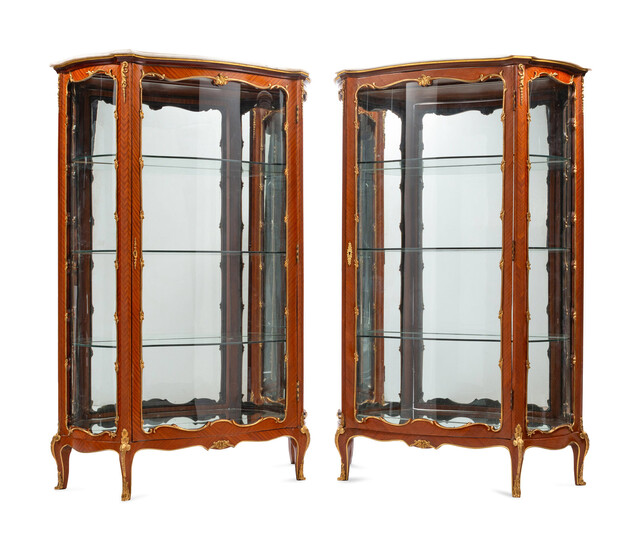A Pair of Louis XV Style Gilt Metal Mounted Marble-Top Vitrine Cabinets