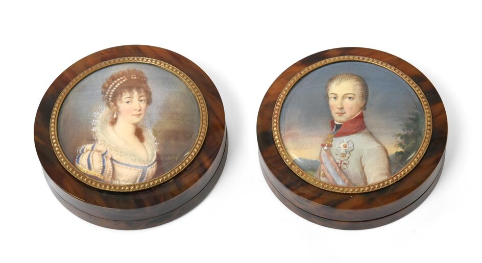 A Pair of Tortoiseshell Portrait-Miniature Snuff-Boxes, 19th Century, each circular, the pull...