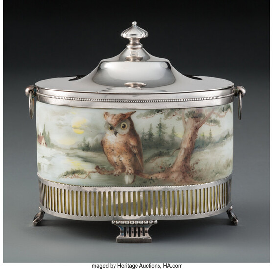 A Pairpoint Painted Glass and Silver-Plated Cracker Jar (late 19th century)