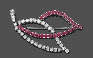 A Ruby and Diamond Brooch, in the form of two...