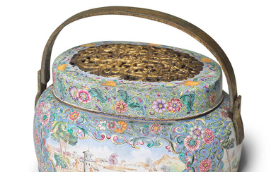 A SUPERB PAINTED ENAMEL AND GILT-COPPER HANDWARMER AND COVER Qianlong