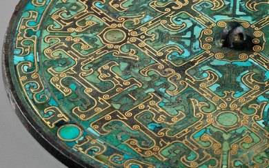 A SUPERB TURQUOISE AND GOLD-INLAID BRONZE MIRROR, EASTERN ZHOU DYNASTY, WARRING STATES PERIOD
