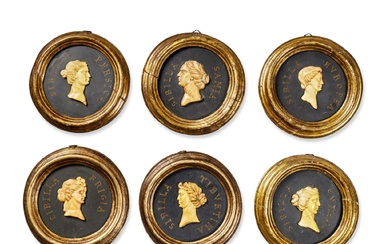 A Set of Six Italian Framed Carved Marble Portraits of Sibyls, Early 19th Century