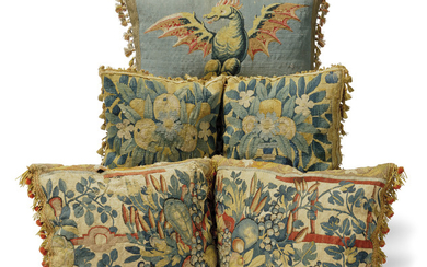 A TAPESTRY CUSHION WORKED WITH THE WELSH DRAGON, LATE 17TH/EARLY 18TH CENTURY