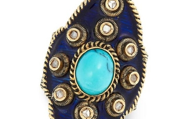 A TURQUOISE, DIAMOND AND ENAMEL RING in high carat
