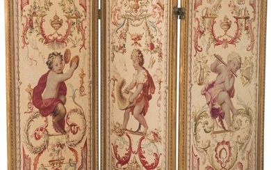 A Three-Panel Petit Point Tapestry Floor Screen