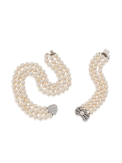 A Three-Strand Cultured Pearl and Diamond Choker and Bracelet Suite