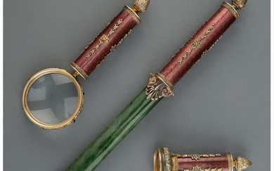 A ThreeSpinach Jade, 14K Gold, Diamond, Guilloché Enamel, and Cabochon-Mounted Portrait Desk Set in the Manner of Fabergé (late 20th century)