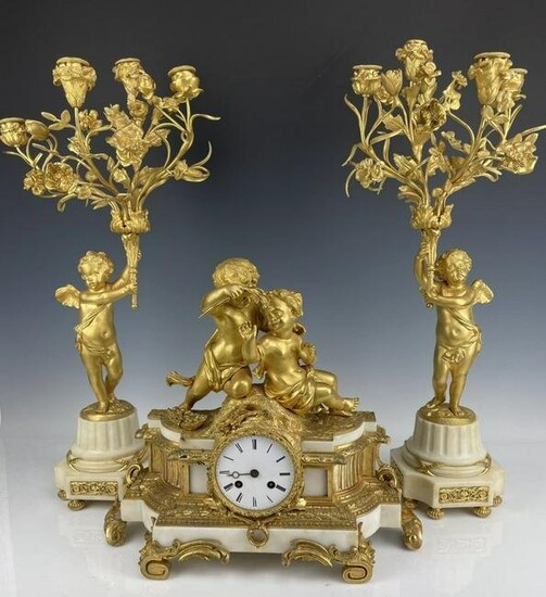 A VERY FINE DORE BRONZE AND MARBLE CLOCK SET