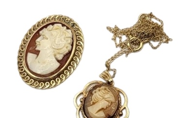 A VINTAGE 9CT GOLD CAMEO PENDANT NECKLACE Carved female port...