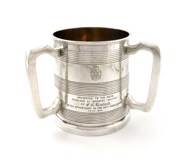 A Victorian electroplated regimental cup (tyg)