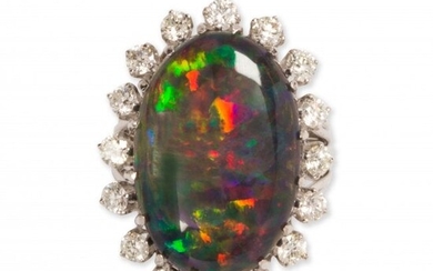 A black opal, diamond and eighteen karat white gold