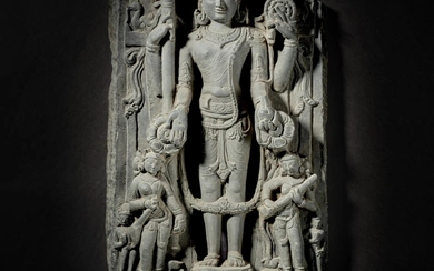 A black stone stele depicting Vishnu and attendants, East India, Pala period, 11th / 12th century