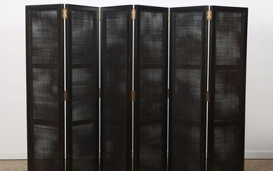A black wood and cane six panel room divider. Dimensions Each: 57" X 15.5" X 1.25" Total Width