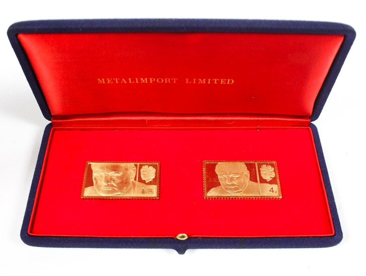 A boxed set of two 18ct gold Churchill stamp replicas each with certificate