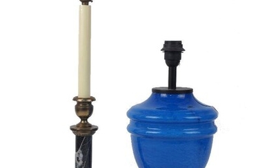 A brass and marble column table lamp, 59cm high, together with a modern blue glass lamp base in the form of an urn, 44cm high (2)