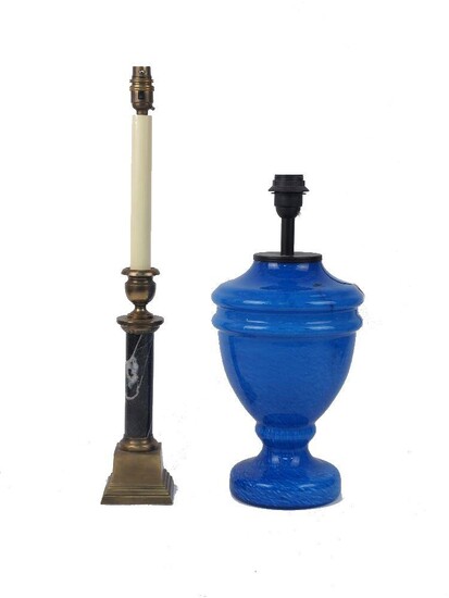 A brass and marble column table lamp, 59cm high, together with a modern blue glass lamp base in the form of an urn, 44cm high (2)