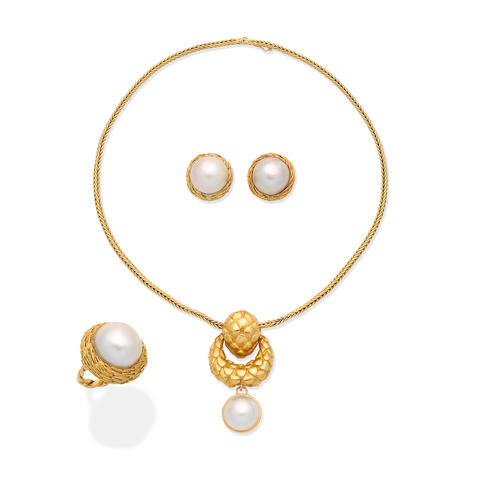 A cultured mabé pearl pendant necklace, and a cultured mabé pearl ring and earclip suite