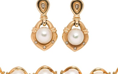A cultured pearl and 14k gold bracelet and earring set