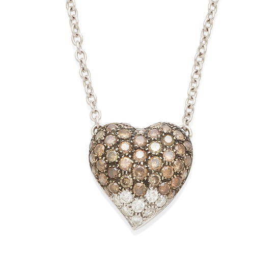 A diamond and colored diamond heart pendant necklace