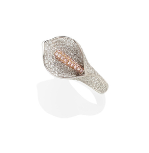 A diamond, colored diamond, 18k rose gold and platinum ring