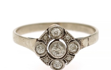 A diamond ring set with numerous old- and rose-cut diamonds, mounted in 14k white gold. Size 53.